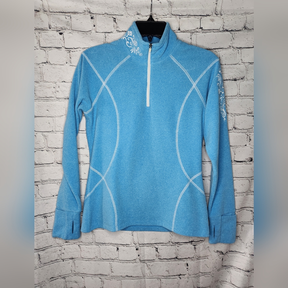 Athleta Teal Embroidered Women's Workout Running 1/4 Zip Fleece Pullover Size XS